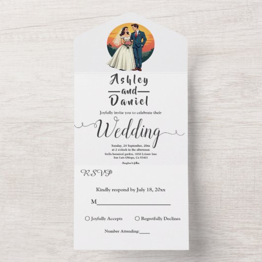 Elegante romantische bruid en bruidegom zonsonderg all in one uitnodiging (Binnen)