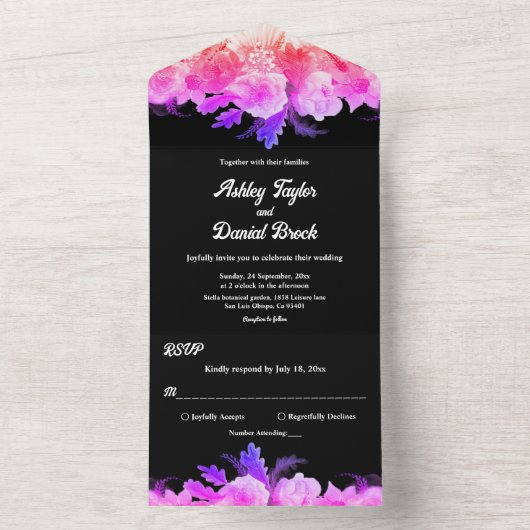 Elegante romantische gloed Rozen Neon bloemenbruil All In One Uitnodiging (Binnen)