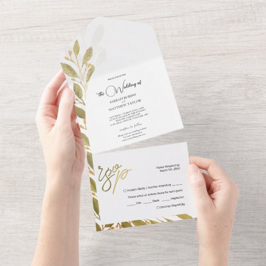 Elegante romantische groene thee Waterverf kunst All In One Uitnodiging (Afscheurbaar)