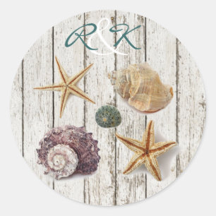 Elegante romantische huisje schelpen strand bruilo ronde sticker