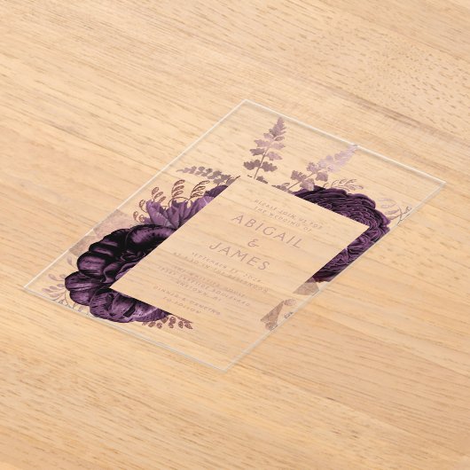 Elegante romantische Paarse Rozen gouden bloem Acryl Uitnodigingen (Laagn)