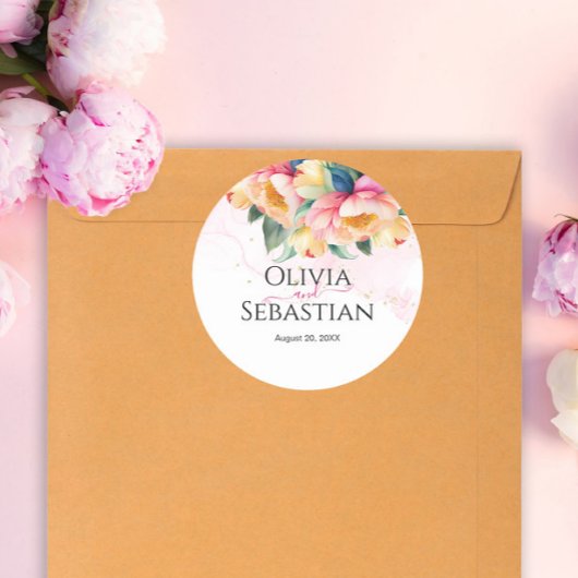 Elegante romantische pioen Waterverf bruiloft Ronde Sticker