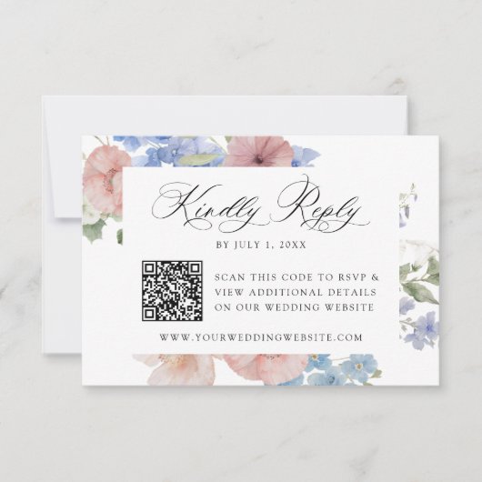 Elegante Romantische Waterverf Bloemen QR Code Huw RSVP Kaartje (Voorkant)