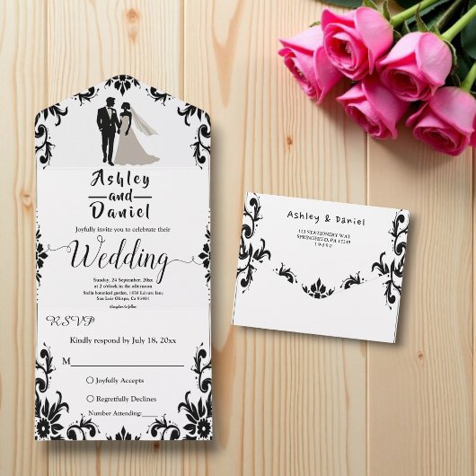 Elegante Romantische Zwarte En Witte Trouwdag All In One Uitnodiging