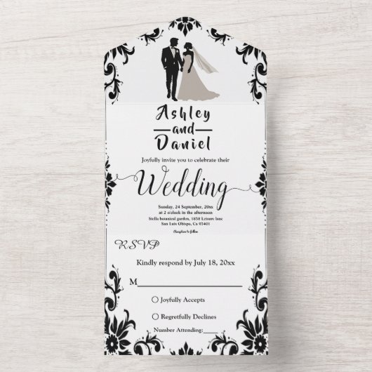 Elegante Romantische Zwarte En Witte Trouwdag All In One Uitnodiging (Binnen)