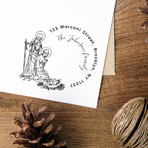 Elegante ronde kerststal familie retour adres zelfinktende stempel