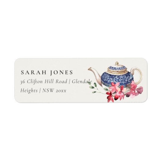 Elegante Rood Blauwe Theepot Bloem Thee Feest Adre Etiket (Voorkant)