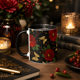 Elegante Rood Bloemmotief & Gouden Vlinder Mok