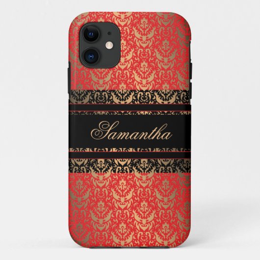Elegante Rood en Goud Shimmer Damask Custom Name Case-Mate iPhone Case (Achterkant)