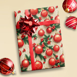 Elegante  Rood Goud Kerst Ornamenten Holly Cadeaupapier