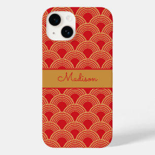 Elegante Rood Gouden Scallop Patroon Gepersonalise Case-Mate iPhone 14 Hoesje
