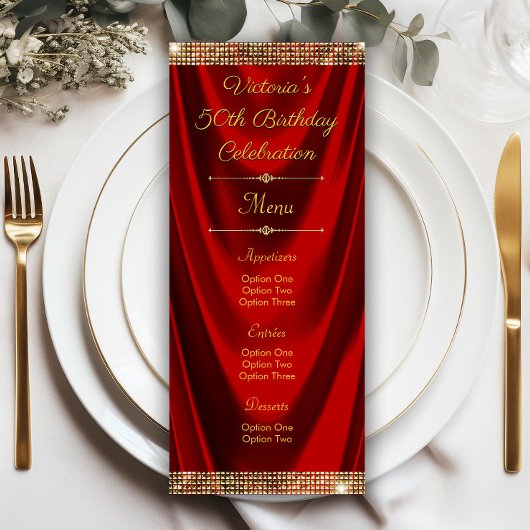 Elegante Rood Gouden Verjaardagsfeest Menu Program Kaart