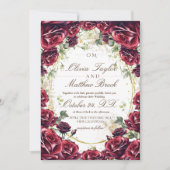 Elegante rood-wijnkleurige bloemrozen gouden bruil kaart (Voorkant)