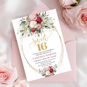 Elegante rood-wijnroze gouden bloemensweet sixteen kaart