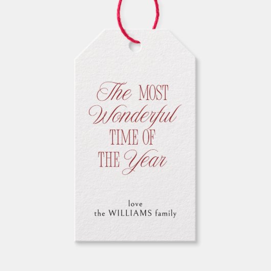 Elegante rood & wit script typografie kerst cadeaulabel (Voorkant)