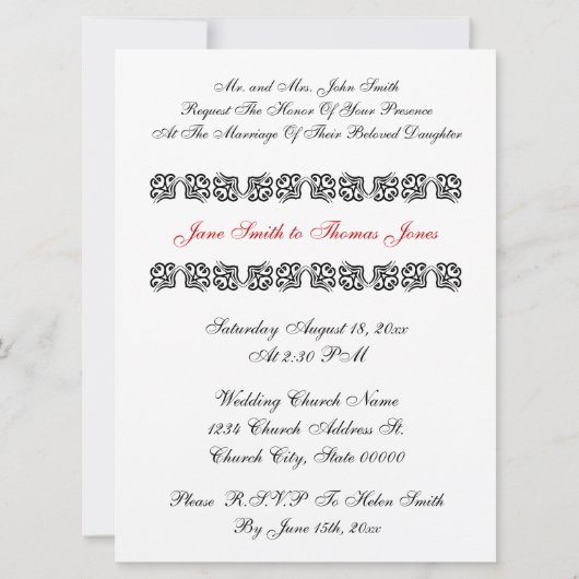 Elegante Rood Wit Zwart Roos Bloemen Huwelijksuitn Kaart (Achterkant)