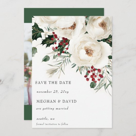 Elegante rood-witte kerstfoto van de winter save the date (Voorkant / Achterkant)