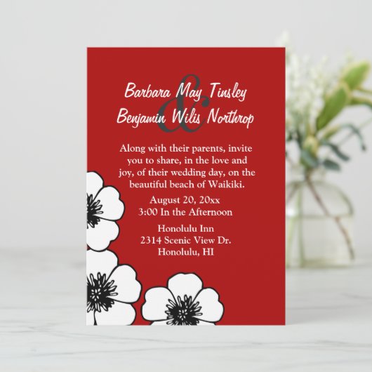 Elegante rood, zwart en wit bruiloft uitnodiging (Staand voorkant)