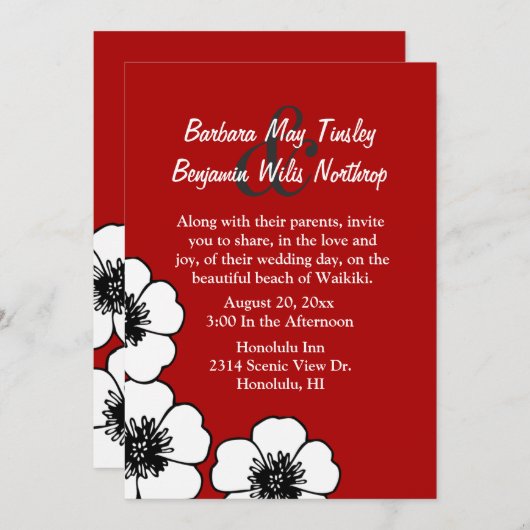 Elegante rood, zwart en wit bruiloft uitnodiging (Voorkant / Achterkant)