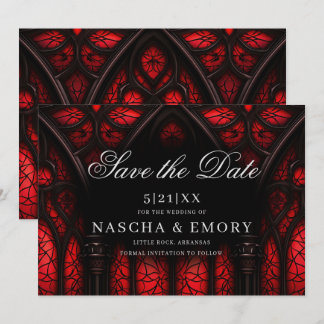 Elegante rood & zwart kathedraal gotische bruiloft save the date