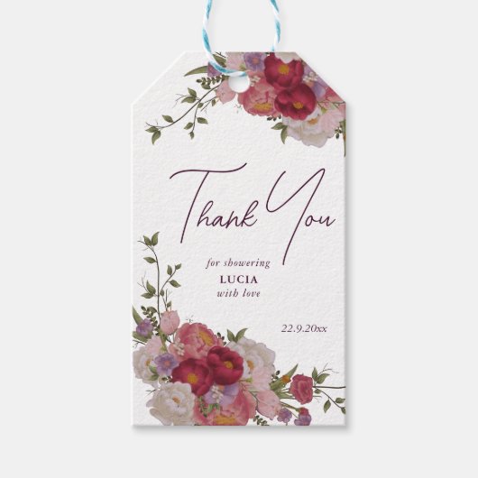 Elegante roodbloemige bruidsshower bedankjes cadeaulabel (Voorkant)