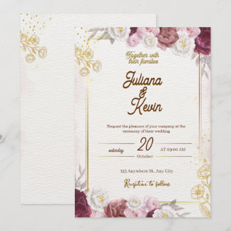 Elegante roodwijn & gouden bloemen bruiloft uitnod kaart