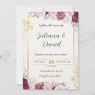 Elegante roodwijn & gouden bloemen bruiloftsinvita kaart