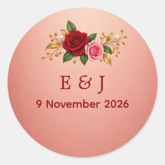 Elegante Roos Bloemige Monogram Huwelijksenveloppe Ronde Sticker