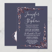 Elegante Roos Gouden Bladderachtige Vines Navy Blu Kaart (Voorkant / Achterkant)