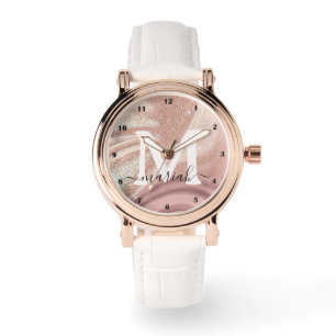 Elegante Roos Gouden Verf Glitter Marmer Sparkle Horloge