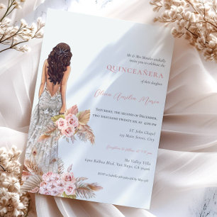 Elegante Roos Pampas Grass Dress Quinceanera Kaart