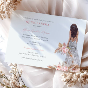 Elegante Roos Pampas Grass Dress Quinceanera Kaart