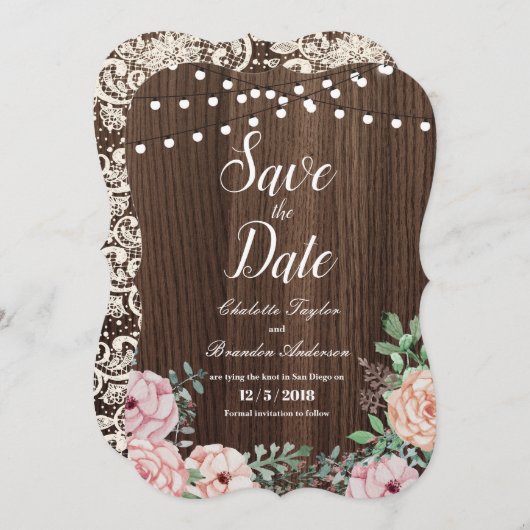 Elegante roos Save the Date kaart- rustic hout (Voorkant / Achterkant)