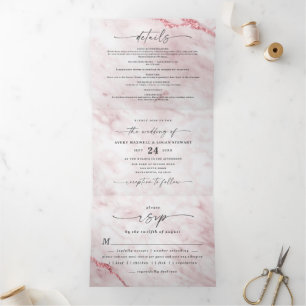 Elegante Rosa Petal Roze Metallic Marmeren bruilof Drieluik Uitnodiging