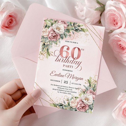 Élégante Rose Gold Boho Florale 60e Invitation d'a