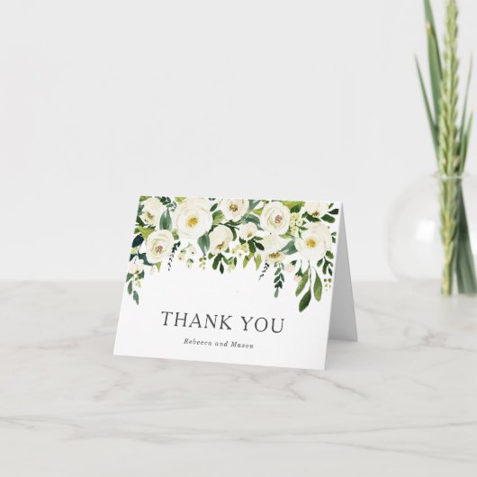 Elégante Roses Blanches Verdure Merci Mariage (Devant)