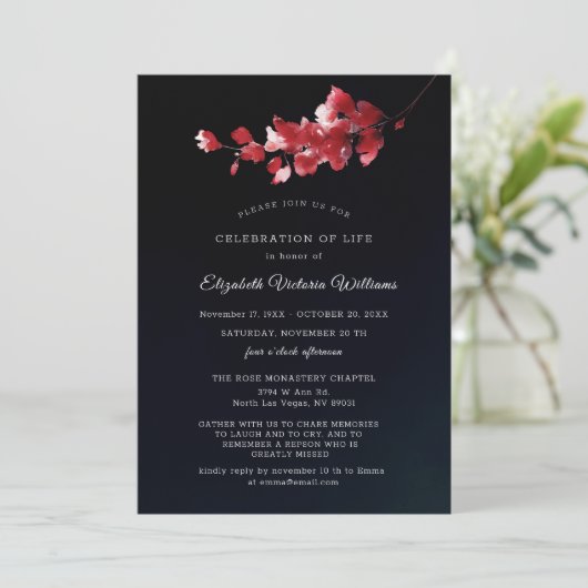 Elegante rouwkaart met zwarte en rode bloemen bedankkaart (Staand voorkant)