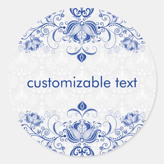 Elegante Royal Blauw en Wit Damasks & Swirls 2 Ronde Sticker (Voorkant)