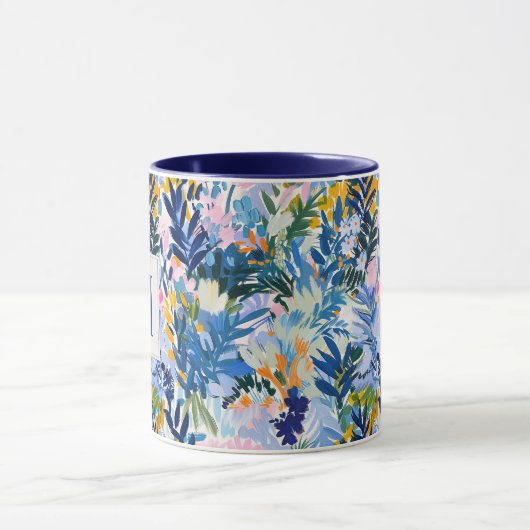 Elegante Royal Blue Abstract Botanische Monogramme Mok (Midden)