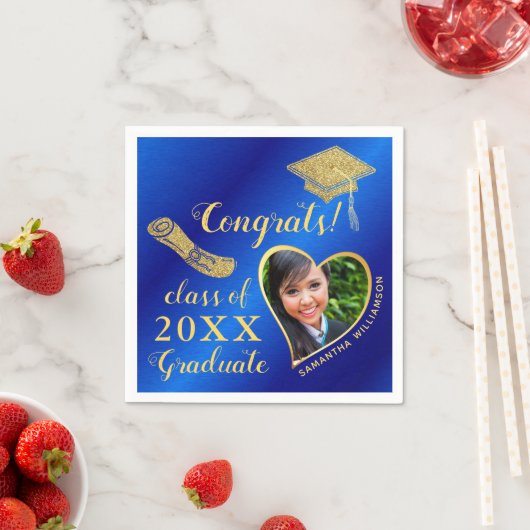 Elegante Royal Blue en Gold Photo 2025 Afstuderen Servet (Insitu)