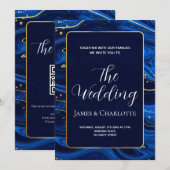 Elegante Royal Blue Gold Lace QR Code Wedding Kaart (Voorkant / Achterkant)