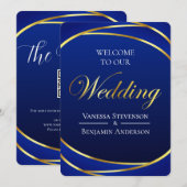 Elegante Royal Blue Gold Lace QR Code Wedding Kaart (Voorkant / Achterkant)