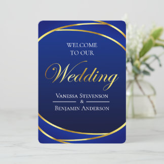 Elegante Royal Blue Gold Lace QR Code Wedding Kaart