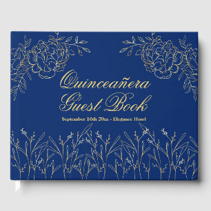 Elegante Royal Blue Gold Outline Floral Quinceaner Gastenboek