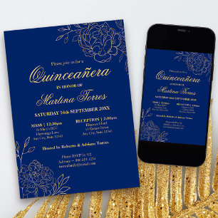 Elegante Royal Blue Gold schets Floral Quinceanera Kaart
