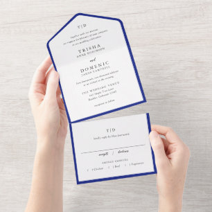 Elegante Royal Blue Monogram Moderne Trouwkaart All In One Uitnodiging