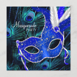 Elegante Royal Blue Peacock Masquerade Party Kaart