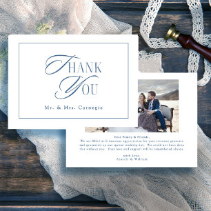 Elegante Royal Blue Script Trouwfoto Bedankkaart