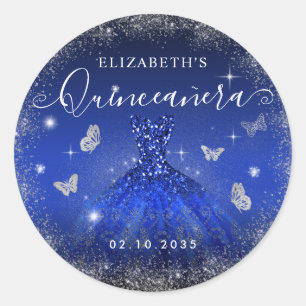 Elegante Royal Blue Silver Glitter Gown Quinceañer Ronde Sticker