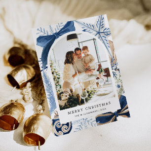 Elegante Royal Blue Waterverf Arch Foto Kerst Feestdagenkaart